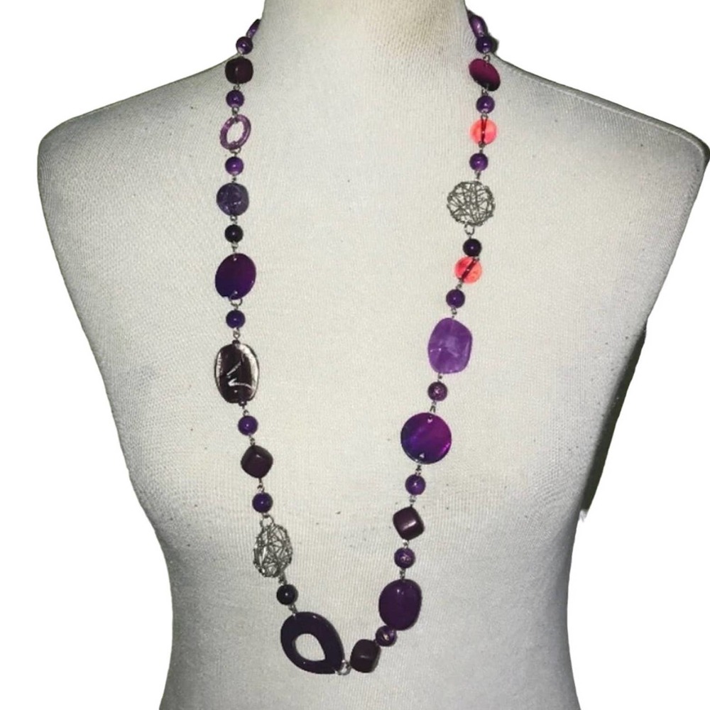 PURPLE ORANGE SILVER BEADED MULTI STONE LONG NECKLACE